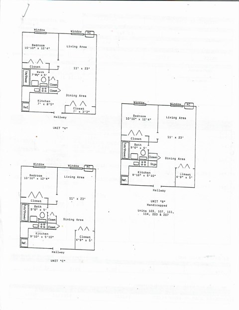 Four floor plans for a house with living, dining, and kitchen areas.